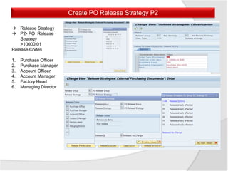 Create PO Release Strategy P2
 Release Strategy
 P2- PO Release
Strategy
>10000,01
Release Codes
1. Purchase Officer
2. Purchase Manager
3. Account Officer
4. Account Manager
5. Factory Head
6. Managing Director
 