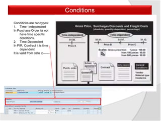 Conditions
Conditions are two types:
1. Time- Independent
In Purchase Order its not
have time specific
conditions.
2. Time-Dependent
In PIR, Contract it is time
dependent
It is valid from date to------
 