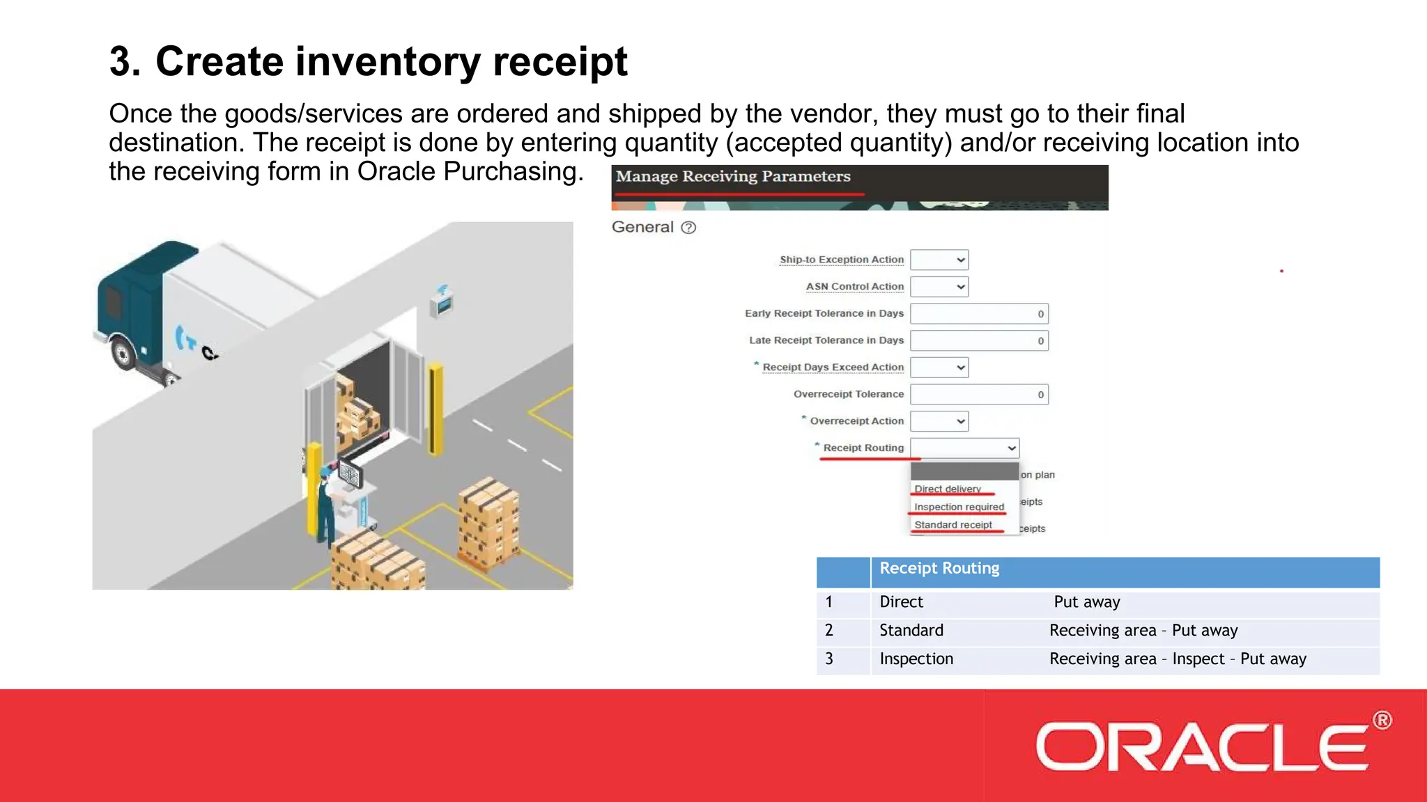 Receipt Routing
1 Direct Put away
2 Standard Receiving area – Put away
3 Inspection Receiving area – Inspect – Put away
3. Create inventory receipt
Once the goods/services are ordered and shipped by the vendor, they must go to their final
destination. The receipt is done by entering quantity (accepted quantity) and/or receiving location into
the receiving form in Oracle Purchasing.
 