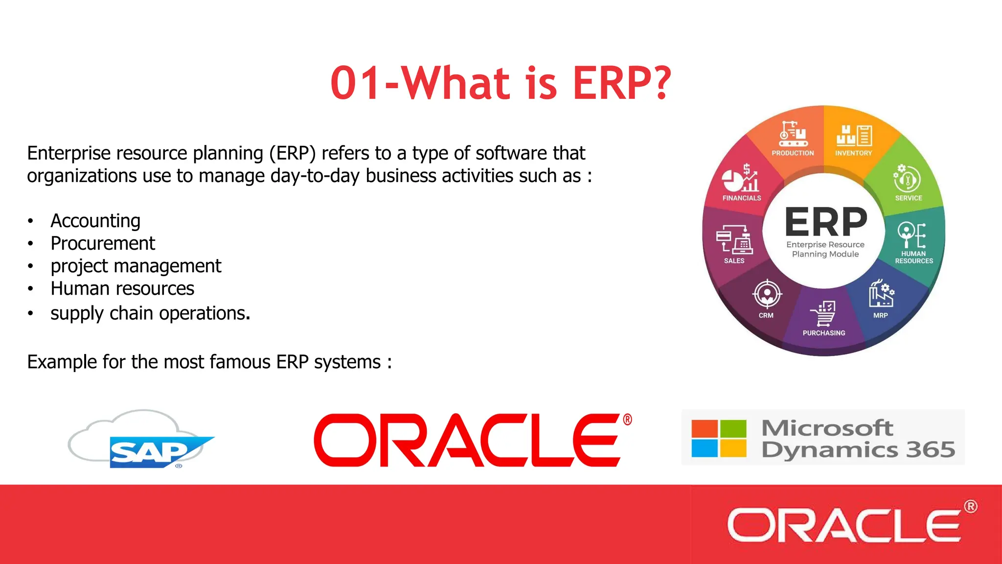 01-What is ERP?
Enterprise resource planning (ERP) refers to a type of software that
organizations use to manage day-to-day business activities such as :
• Accounting
• Procurement
• project management
• Human resources
• supply chain operations.
Example for the most famous ERP systems :
 