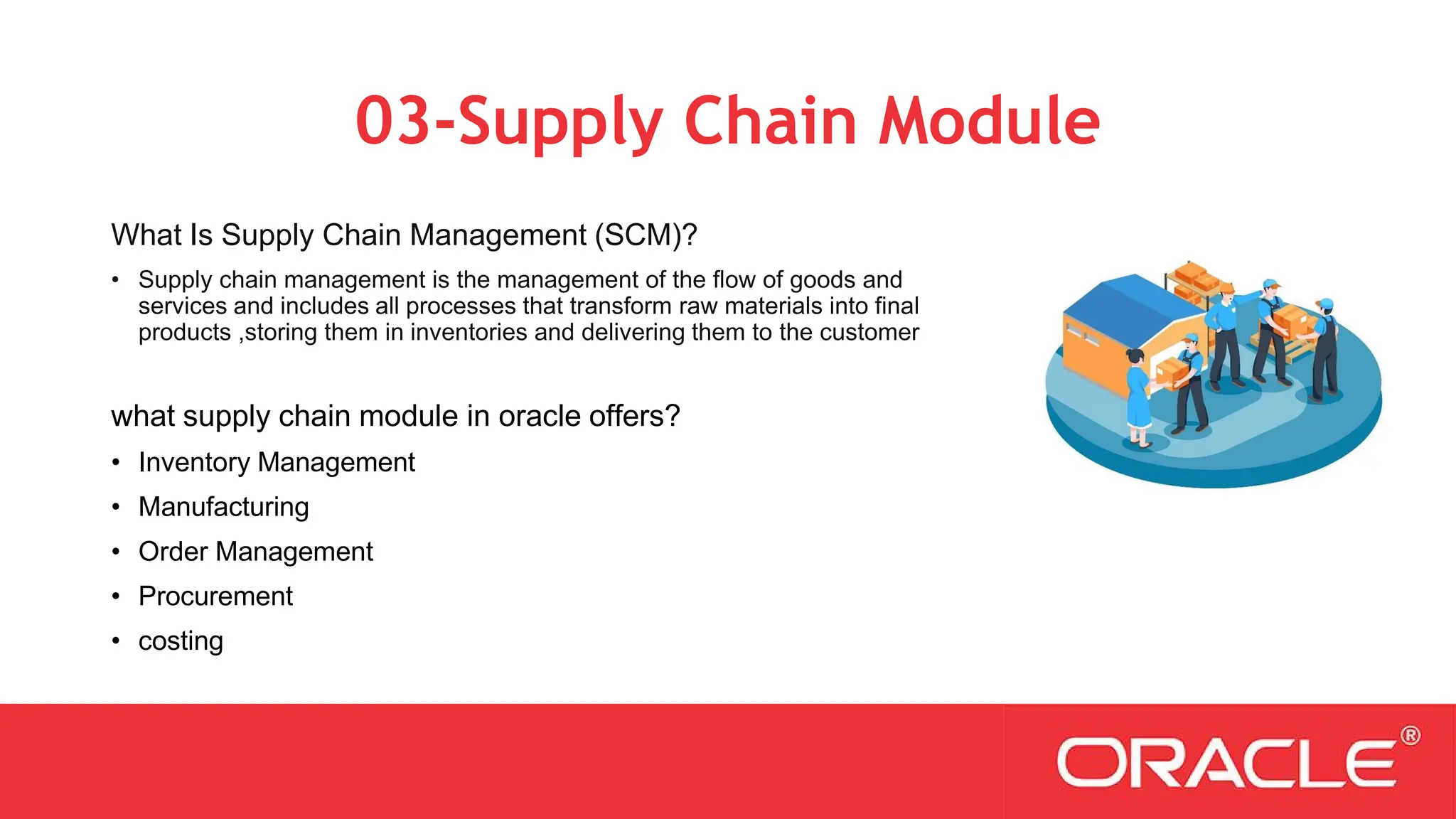 03-Supply Chain Module
What Is Supply Chain Management (SCM)?
• Supply chain management is the management of the flow of goods and
services and includes all processes that transform raw materials into final
products ,storing them in inventories and delivering them to the customer
what supply chain module in oracle offers?
• Inventory Management
• Manufacturing
• Order Management
• Procurement
• costing
 
