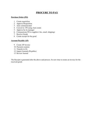 PROCURE TO PAY
Purchase Order (PO)

   1.   Create requisition
   2.   Approve Requisition
   3.   Auto communicated
   4.   Convert to PO using Auto create
   5.   Approve by its manager
   6.   Communicate PO to supplier ( fax, email, shipping)
   7.   Receive Goods
   8.   Create receipt for the good

Account Payable (AP)

   9. Create AP invoice
   10. Payment creation
   11. Transfer to GL
   12. Import Journals (Payables)
   13. Review Journal


The Receipt is generated after the above said process. Its now time to create an invoice for the
received goods
 