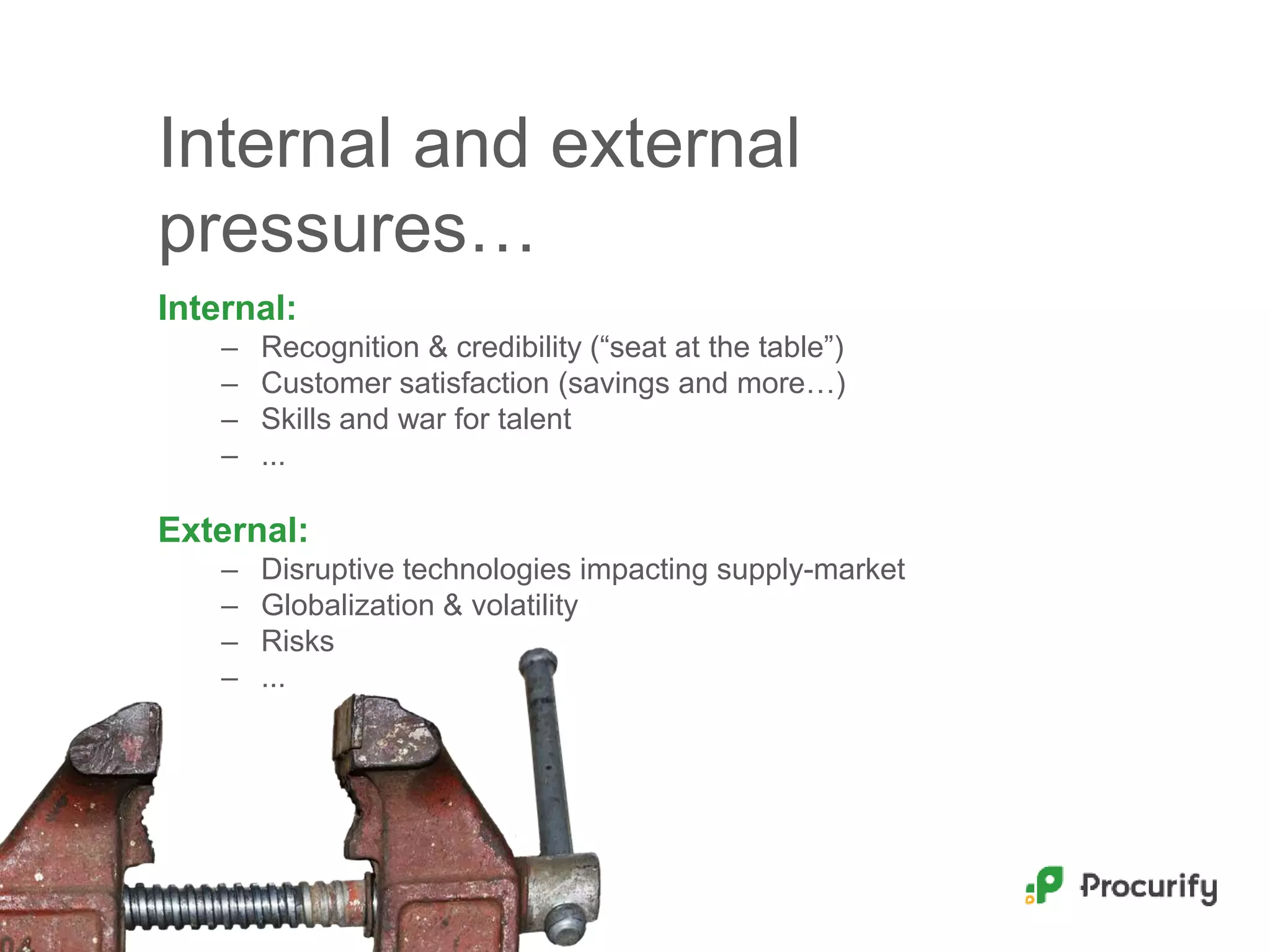 Internal and external
pressures…
Internal:
– Recognition & credibility (“seat at the table”)
– Customer satisfaction (savings and more…)
– Skills and war for talent
– ...
External:
– Disruptive technologies impacting supply-market
– Globalization & volatility
– Risks
– ...
 
