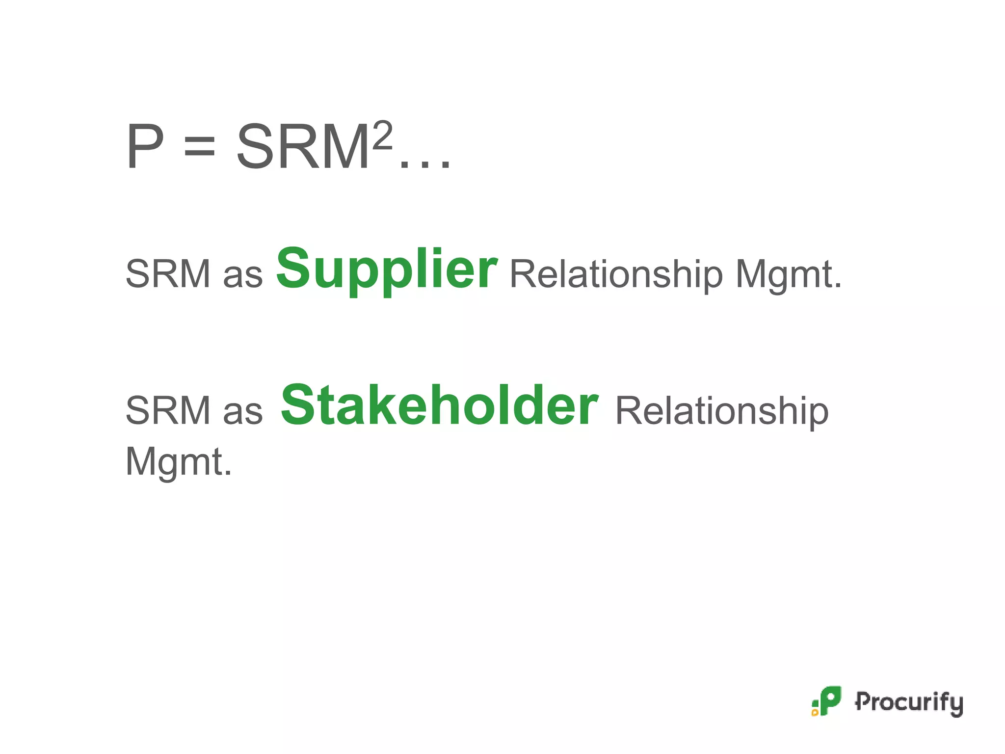 P = SRM2…
SRM as Supplier Relationship Mgmt.
SRM as Stakeholder Relationship
Mgmt.
 