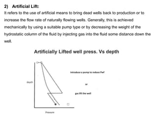 2) Artificial Lift:
It refers to the use of artificial means to bring dead wells back to production or to
increase the flow rate of naturally flowing wells. Generally, this is achieved
mechanically by using a suitable pump type or by decreasing the weight of the
hydrostatic column of the fluid by injecting gas into the fluid some distance down the
well.
 