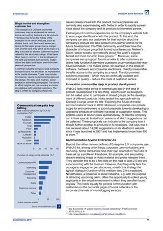 Enterprise 2.0



  Blogs involve and strengthen
                                                               issues closely linked with the product. Some companies are
  customer ties                                                currently also experimenting with Twitter in order to rapidly spread
  The example of a US bank shows that                          news about the company and its products to interested parties.
  customers may be addressed via various                       Exchanges of customer experiences on the company’s website help
  topics surrounding the bank and its products.
  The focus may be on the history of the
                                                               to encourage identification with the product. To this end, the
  institution or on certain products, such as                  company can also ask customers for their opinion about the
  student loans, and the current issues per-                   company’s product and take account of customer wishes for its
  taining to this target group. Even a merger                  future development. The Web community would then have the
  with another bank may serve as the topic of a                character of a focus group that formed spontaneously. Nielsen’s
  blog to be able to address customer inquiries
                                                               Steve Hasker speaks optimistically about ―the world’s biggest,
  related to this structural change. What these
  blogs have in common is that employees of                    fastest and most dynamic focus groups.‖11 Moreover, some
  the bank put forward their opinions, explan-                 companies set up support forums or wikis to offer customers an
  ations and topics and depict them from their                 online help function if they have questions on any product they may
  personal perspective.                                        have purchased. This makes sense, for example, in the areas of
  A German industrial company uses its blog to                 software, hardware and consumer electronics. Directly measurable
  transport topics that would not be represented
                                                               benefits accrue to the company as a result. The documented
  in the media otherwise. These may include,
  for instance, reports on technical background                solutions proposed – which may be continually updated and
  knowledge, the daily work routines, social                   improved in quality – reduce the costs of customer service.
  projects or advertising campaigns. The aim is
  to afford insights into the company and enter                Innovation communities help in product development
  into dialogue with potential customers. The                  Web 2.0 tools make sense in external use also in the area of
  blog is written by company employees.
                                                               product development. For one thing, experts such as designers
                                                               can be called upon to participate in closed groups on the develop-
                                                               ment of different products. Nokia tested this approach with its
                                                               Concept Lounge under the title ―Exploring the future of mobile
    Communication gets top                                     communications‖ back in 2005. Moreover, companies can provide
    billing                                                    scope for end-consumers to submit proposals towards developing or
    Use of social networks by DAX-30
    companies (%)*
                                                               upgrading products or software via blogs or suggestion boxes. This
                                                               enables users to tender ideas spontaneously, or else the company
            Twitter
                                                               can initiate special, limited topic sessions at which suggestions can
        Facebook
         YouTube                                               be collected. These proposals can indicate to the company how it
              Xing                                             should further develop its products or its strategies. Dell says that it
             Flickr                                            has received about 14,000 suggestions on its IdeaStorm website
    VZ-Netzwerke                                               since it was launched in 2007 and has implemented more than 400
          LinkedIn                                             of them.12
        MySpace
             Other                                             Communication beyond Enterprise 2.0
    None of above                                              Beyond the rather narrow confines of Enterprise 2.0, companies use
                         0         20   40     60        80    Web 2.0 for, among other things, corporate communications and
                                                               recruiting. Some companies have their own channel on YouTube or
    Purpose of using social networks (%)*                      have set up a profile on Facebook, for example, and are posting
                                                               already existing image or video material and press releases there.
                                                               They consider this to be a first step on the road to Web 2.0 and are
    Communication/PR
                                                               experimenting with the medium. However, they frequently lack the
                Marketing                                      courage to engage in open discourse, so with this strategy the
             Customer                                          typical, dialogue character of the medium Web 2.0 is neglected.
            management                                         Nevertheless, a presence in social networks, e.g. with the purpose
                 Recruting                                     of attracting upcoming talent, offers the opportunity to collect young
                                                               applicants in the virtual environment in which they are often found
                      Sales                                    anyway. This holds equally for general communication with
      Customer service                                         customers on the corporate pages of social networks or the
                                                               corporate channels of microblogging services.
                      Other

                                   0      50             100
   * Multiple responses possible

                        Source: WirtschaftsWoche, 2010     7
                                                               11
                                                                    See Economist ―A special report on social networking‖. The Economist,
                                                                    30.01.2010, p. 8.
                                                               12
                                                                    http://www.ideastorm.com/ideaAbout?pt=About+IdeaStorm

September 8, 2010                                                                                                                           11
 