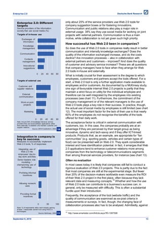 Enterprise 2.0



    Enterprise 2.0: Different                                  only about 25% of the service providers use Web 2.0 tools for
    targets                                                    company suggestion boxes or for fostering innovations.
    Service providers of the information                       Communication and public relations also play a major role in
    society that use social media (%)
                                                               external usage. 38% say they use social media for working on joint
    Targets of in-house use                                    projects with external partners. Communication is thus a main
         Exchanges of                                          motive, while collaboration is not yet given such high priority.
          information
                                                               How successful has Web 2.0 been in companies?
          Knowledge-
          management                                           So does the use of Web 2.0 tools in companies really result in better
                                                               communication and intensify knowledge exchanges? Does the
       Communication
                                                               quality of the information exchanged increase, and do the costs
           Contacts                                            decline? Are innovation processes – also in collaboration with
          management                                           external partners and customers – improved? And does the quality
            Innovations/                                       of customer and advisory service increase? These are all questions
            suggestions                                        that company managers have to face when they arrange for Web
                                                               2.0 tools in-house and externally.
                               0   20    40     60        80
                                                               What is initially crucial for their assessment is the degree to which
                                                               employees, customers and partners accept the tools offered. For a
    Targets of external use
                                                               start, a Web 2.0 tool is only a further application made available to
     Customer and                                              employees and/or customers. As documented by a McKinsey study,
    supplier relations                                         one sign of favourable internal Web 2.0 projects is partly that they
                                                               maintain a strict focus on utility for the individual employee and
         External                                              therefore can be well integrated by the employees into existing
      communication
                                                               processes (see chart 11). Furthermore, the commitment of the
        Work on joint                                          company management or of the relevant managers to the use of
         projects                                              Web 2.0 tools plays a key role in their success. In practice, though,
                                                               the actual use of social media by employees is still limited (see chart
            Marketing                                          12). The most important factor for the lack of their use is that nearly
                                                               60% of the employees do not recognise the benefits of the tools
                           0       20   40     60         80   offered for their daily work.
    Note: Around 54% of knowledge-intensive service
    providers that use social software applications utilise
                                                               The acceptance factor is critical in external communication with
    them externally to establish and maintain customer and     customers, too. In this case, the companies probably are at an
    supplier relations.
                          Source: ZEW/Creditreform, 2009 10    advantage if they are perceived by their target group as being
                                                               innovative, dynamic and tech-savvy and if they offer ICT-linked
   Integration in company is                                   products. Products that, as an example, are appropriate for ―fan
   key to success                                              communities‖ (e.g. sporting goods, vehicles and certain types of
   Measures to successfully implement                          food) can be presented well on Web 2.0. They spark considerable
   Web 2.0 tools, % of responses
                                                               interest and have identification potential. In fact, it emerges that Web
    Integrating use of                                         2.0 applications tend to enhance customer relations more among
       Web 2.0 into                                            companies from the technology or telecommunications segments
    empoyees' day-to-
    day work activities
                                                               than among financial services providers, for instance (see chart 13).
   Senior leaders role                                         Often no evaluation
        modeling /
   championing use of                                          In most cases today it is likely that companies still fail to conduct a
       technology                                              rigorous evaluation of Web 2.0 projects. This is partly due to the fact
                                                               that most companies are still at the experimental stage. But fewer
      Profiding informal
         incentives                                            than 20% of the decision-makers worldwide even measure the ROI
                                                               of their Web 2.0 project in the first place, often because they lack
                                                                                                         14
                                                               relevant data and measuring concepts. Whether and how the use
      Allowing nonwork
            uses
                                                               of Web 2.0 tools can contribute to a business’s success can, in
                                                               general, only be measured with difficulty. This is often a substantial
                                                               hurdle upon their introduction.
       Providing formal
          incentives                                           Frequently, the acceptance of the tool (website traffic) and the
                                                               quality of communication are examined as ex-post criteria in
                                                               measurements or surveys. In fact, though, the changing face of
                               0          50          100
                                                               collaboration processes also has to be analysed. Admittedly, against
   Base: % of respondents within each industry gaining
   at least 1 measurable benefit from using Web 2.0
   technologies.
                                                          11
                                                               14
                                 Source: McKinsey, 2009             http://www.emarketer.com/Article.aspx?R=1007506

September 8, 2010                                                                                                                    13
 