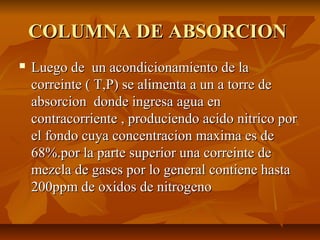 COLUMNA DE ABSORCIONCOLUMNA DE ABSORCION
 Luego de un acondicionamiento de laLuego de un acondicionamiento de la
correinte ( T,P) se alimenta a un a torre decorreinte ( T,P) se alimenta a un a torre de
absorcion donde ingresa agua enabsorcion donde ingresa agua en
contracorriente , produciendo acido nitrico porcontracorriente , produciendo acido nitrico por
el fondo cuya concentracion maxima es deel fondo cuya concentracion maxima es de
68%.por la parte superior una correinte de68%.por la parte superior una correinte de
mezcla de gases por lo general contiene hastamezcla de gases por lo general contiene hasta
200ppm de oxidos de nitrogeno200ppm de oxidos de nitrogeno
 