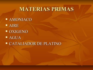 MATERIAS PRIMASMATERIAS PRIMAS
 AMONIACOAMONIACO
 AIREAIRE
 OXIGENOOXIGENO
 AGUAAGUA
 CATALIADOR DE PLATINOCATALIADOR DE PLATINO
 