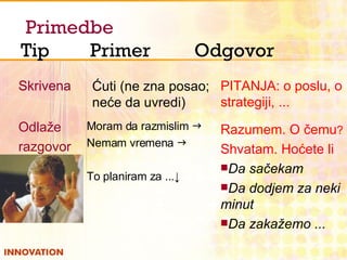 Primedbe   Tip Primer Odgovor Skrivena PITANJA: o poslu, o strategiji, ... Ćuti (ne zna posao; neće da uvredi) Skrivena Razumem. O čemu ? Shvatam. Hoćete li Da sačekam Da dodjem za neki minut Da zakažemo ... Moram da razmislim   Nemam vremena   To planiram za ... ↓ Odlaže razgovor 