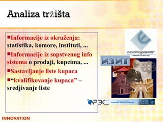 Analiza tržišta Informacije iz okruženja:  statistika, komore, instituti, ... Informacije iz sopstvenog info sistema  o prodaji, kupcima, ... Sastavljanje liste kupaca “ kvalifikovanje kupaca”  – sredjivanje liste 