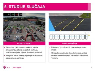 8
5. STUDIJE SLUČAJA
PLUS CITY LINZ
 Senzori na 750 otvorenih parkirnih mjesta,
omogućeno praćenje zauzetosti parkinga,
izračun za najbolje vrijeme dostavnih vozila i sl.
 Integriran Smart parking s postojećim sustavom
za upravljanje parkinga
GRAD VARAŽDIN
 Pokriveno 70 podzemnih i otvorenih parkirnih
mjesta
 Omogućena detekcija slobodnih mjesta, prikaz
brojeva slobodnih mjesta na zaslonu u stvarnom
vremenu
 