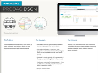Newswire Analytics

The Problem

The Approach

Press release activity summary reports didn't capture all

•

useful information, were diﬃcult to identify the most
important statistics, and were challenging to share.

Interviewed customers to identify where there were
shortcomings or gaps in their current reports.

!
•

Interviewed sales teams to understand when
prospects or customers would cite weak reporting as a
reason for not using the NASDAQ OMX press release
service.

!
•

!
•

Developed 3 primary personas and a mental model of
those personas to distill signiﬁcant and latent needs.
Hand-coded responsive functional prototype in HTML,
JS, CSS and worked side by side with development
teams to realize ﬁnal product.

!
•

Shipped November 2013.

The Outcome
Designed a new report with stronger visual prioritization
of information, frictionless sharing, and with a responsive
design to enable easy reading of reports on mobile
devices and tablets.

 