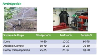 Fertirrigación
Sistema de Riego Nitrógeno % Fósforo % Potasio %
Surco 40-60 10-20 60-75
Aspersión, pivote 60-70 15-25 70-8...