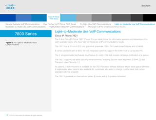 Brochure
14 © 2018 Cisco and/or its affiliates. All rights reserved.  	
7800 Series
Light-to-Moderate Use VoIP Communications
Cisco IP Phone 7821
The 2-line Cisco IP Phone 7821 (Figure 8) is an ideal choice for information workers and teleworkers. It is
well-suited for users who have light-to-moderate VoIP communications needs.
The 7821 has a 3.5-inch (8.9 cm) graphical, grayscale, 396 x 162 pixel-based display and is backlit.
It comes standard with an IEEE 10/100 integrated switch to support the traffic from a co-located PC.
The 2-programmable line/feature keys feature tri-color LEDs that provide call status notification at a glance.
The 7821 supports the latest security enhancements, including Secure Hash Algorithm 2 (SHA-2) and
Transport Layer Security 1.2
As options, a wall-mount kit is available for the 7821 for areas without desks or where desk space is limited.
A replaceable silver bezel is also available for customers who wish to change out the black that comes
standard with the endpoint.
The 7821 is available in charcoal and white. It comes with a 2-position footstand.
Figure 8. For Light-to-Moderate Voice
Communications
General Business VoIP Communications   User Profiles for IP Phone 7800 Series   For Light-Use VoIP Communications   Light-to-Moderate Use VoIP Communications
Moderate-to-Active Use VoIP Communications   Highly Active-Use VoIP Communications   Affordable VoIP for Small Conference Rooms
Cisco IP Phone
7800 Series
Cisco SIP Phones
3900 Series
Contents
Cisco IP Phones
6900 Series
Cisco IP Phones
7900 Series
Cisco IP Phones
8800 Series
IP Endpoint
Multimedia Applications
Analog Telephone
Adaptor  Accessories
Summary Additional
Information
Introduction
Enlarge
Cisco IP Phone 7821 in Charcoal and White
 Continued
 