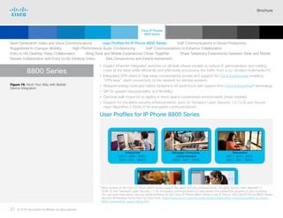 Brochure
27 © 2018 Cisco and/or its affiliates. All rights reserved.  	
8800 Series
• Gigabit Ethernet-integrated switches on all desk phone models to reduce IT administration and cabling
costs at the desk while efficiently and effectively processing the traffic from a co- located multimedia PC
• Integrated VPN client to help keep conversations private and support for Cisco Expressway enabling
“VPN-less” client connectivity to the network for remote workers
• Reduced energy costs and carbon footprint in off-work hours with support from Cisco EnergyWise® technology
• SIP for greater interoperability and flexibility
• Optional wall-mount kit to deploy in more space-constrained environments (most models)
• Support for the latest security enhancements, such as Transport Layer Security 1.2 (TLS) and Secure
Hash Algorithm-2 (SHA-2) for encrypted communications8
User Profiles for IP Phone 8800 Series
Infoworker
(8811, 8841, 8845,
8851, 8861, 8865)
Manager, Executive,
Administrative
(8851, 8861, 8865)
Teleworker
(8811, 8841, 8845,
8851, 8861, 8865)
Deskless Worker
(8811, 8845, 8851,
8861, 8865, 8821/EX)
Customer Care
(8841, 8845, 8851,
8861, 8865)
8

Most models of the Cisco IP Phone 8800 Series support the latest security enhancements, including Secure Hash Algorithm 2
(SHA-2) and Transport Layer Security 1.2 for encrypting communications to help protect the intellectual property of your business.
You can read more about security enhancements for the Cisco IP Phone 8800 Series in the IP Phone 7800 and IP Phone 8800 Series
Security Whitepaper found here on Cisco.com: https://www.cisco.com/c/en/us/products/collaboration-endpoints/unified-ip-phone-
8800-series/white-paper-listing.html
Figure 19. Work Your Way with Mobile
Device Integration
Next-Generation Video and Voice Communications    User Profiles for IP Phone 8800 Series    VoIP Communications to Boost Productivity
Ruggedized In-Campus Mobility    High-Performance Audio Conferencing    VoIP Communications to Enhance Collaboration
Entry to HD Desktop Video Collaboration    Bring Desk and Mobile Experiences Closer Together    Share Telephony Experiences between Desk and Mobile
Elevate Collaboration with Entry to HD Desktop Video    Add Convenience and Extend Investment
Cisco IP Phones
8800 Series
Cisco SIP Phones
3900 Series
Contents
Cisco IP Phone
7800 Series
Cisco IP Phones
6900 Series
Cisco IP Phones
7900 Series
IP Endpoint
Multimedia Applications
Analog Telephone
Adaptor  Accessories
Summary Additional
Information
Introduction
Enlarge
IP Phone 8861 with Cisco Intelligent
Proximity
 Continued
 