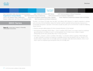 Brochure
31 © 2018 Cisco and/or its affiliates. All rights reserved.  	
8800 Series
The 8821-EX (Figure 23) builds upon the 8821 and delivers all its features. It is ideal for operation in settings
such as oil and chemical facilities, where the handset could be operated during temporary exposure to a
combustible atmosphere. Operation of the device would not ignite such an environment. It adds the following
unique features:
• Industry standard yellow plastics for fast recognition/location of the handset
• Atmospheres Explosibles (ATEX) Class 1, Zone 2 certified. ATEX Zone 2 is an area in which an explosive
gas atmosphere is not likely to occur in normal operation and if it does occur, is likely to happen
infrequently and for short periods (less than 10 hours per year)
• CSA Class 1, Division 2, Zone 2 certified. CSA Class 1 is a location where a quantity of flammable gas
or vapor sufficient to produce an explosive or ignitable mixture may be present in the air. Division 2 is a
location where a hazard does not normally exist but is possible under abnormal conditions. Zone 2 is an
area in which an explosive gas atmosphere does not normally exist
Figure 23. Locate Easily; Protects in Potentially
Combustible Environments
Next-Generation Video and Voice Communications    User Profiles for IP Phone 8800 Series    VoIP Communications to Boost Productivity
Ruggedized In-Campus Mobility    High-Performance Audio Conferencing    VoIP Communications to Enhance Collaboration
Entry to HD Desktop Video Collaboration    Bring Desk and Mobile Experiences Closer Together    Share Telephony Experiences between Desk and Mobile
Elevate Collaboration with Entry to HD Desktop Video    Add Convenience and Extend Investment
Cisco IP Phones
8800 Series
Cisco SIP Phones
3900 Series
Contents
Cisco IP Phone
7800 Series
Cisco IP Phones
6900 Series
Cisco IP Phones
7900 Series
IP Endpoint
Multimedia Applications
Analog Telephone
Adaptor  Accessories
Summary Additional
Information
Introduction
Enlarge
Wireless IP Phone 8821-EX
 Continued
 