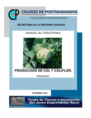 MANUAL DEL PARTICIPANTE
PRODUCCION DE COL Y COLIFLOR.
Elaborado por:
DICIEMBRE, 2004
INSTITUCIÓN DE ENSEÑANZA E INVESTIGACIÓN EN CIENCIAS AGRÍCOLAS
MÉXICO-PUEBLA-SAN LUIS POTOSÍ-TABASCO-VERACRUZ-CÓRDOBA
SECRETARIA DE LA REFORMA AGRARIA
 