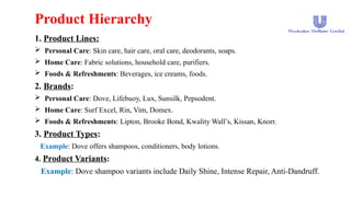 Product Hierarchy
1. Product Lines:
 Personal Care: Skin care, hair care, oral care, deodorants, soaps.
 Home Care: Fabric solutions, household care, purifiers.
 Foods & Refreshments: Beverages, ice creams, foods.
2. Brands:
 Personal Care: Dove, Lifebuoy, Lux, Sunsilk, Pepsodent.
 Home Care: Surf Excel, Rin, Vim, Domex.
 Foods & Refreshments: Lipton, Brooke Bond, Kwality Wall’s, Kissan, Knorr.
3. Product Types:
Example: Dove offers shampoos, conditioners, body lotions.
4. Product Variants:
Example: Dove shampoo variants include Daily Shine, Intense Repair, Anti-Dandruff.
 