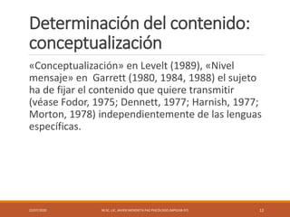 Determinación del contenido:
conceptualización
«Conceptualización» en Levelt (1989), «Nivel
mensaje» en Garrett (1980, 1984, 1988) el sujeto
ha de fijar el contenido que quiere transmitir
(véase Fodor, 1975; Dennett, 1977; Harnish, 1977;
Morton, 1978) independientemente de las lenguas
específicas.
22/07/2020 M.SC. LIC. JAVIER MENDIETA PAZ PSICÓLOGO (MPGJ58-97) 12
 