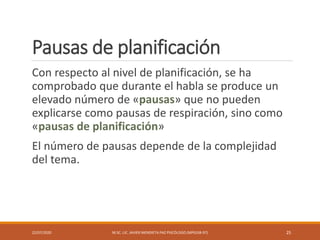 Pausas de planificación
Con respecto al nivel de planificación, se ha
comprobado que durante el habla se produce un
elevado número de «pausas» que no pueden
explicarse como pausas de respiración, sino como
«pausas de planificación»
El número de pausas depende de la complejidad
del tema.
22/07/2020 M.SC. LIC. JAVIER MENDIETA PAZ PSICÓLOGO (MPGJ58-97) 25
 