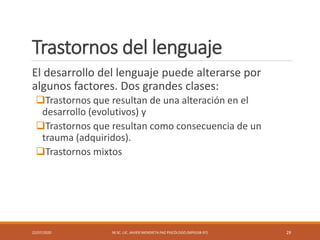 Trastornos del lenguaje
El desarrollo del lenguaje puede alterarse por
algunos factores. Dos grandes clases:
Trastornos que resultan de una alteración en el
desarrollo (evolutivos) y
Trastornos que resultan como consecuencia de un
trauma (adquiridos).
Trastornos mixtos
22/07/2020 M.SC. LIC. JAVIER MENDIETA PAZ PSICÓLOGO (MPGJ58-97) 29
 
