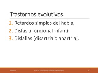 Trastornos evolutivos
1. Retardos simples del habla.
2. Disfasia funcional infantil.
3. Dislalias (disartria o anartria).
22/07/2020 M.SC. LIC. JAVIER MENDIETA PAZ PSICÓLOGO (MPGJ58-97) 30
 