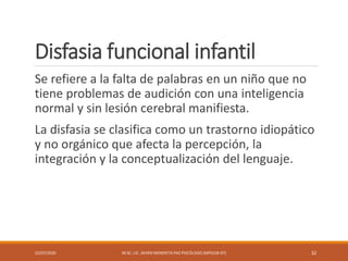 Disfasia funcional infantil
Se refiere a la falta de palabras en un niño que no
tiene problemas de audición con una inteligencia
normal y sin lesión cerebral manifiesta.
La disfasia se clasifica como un trastorno idiopático
y no orgánico que afecta la percepción, la
integración y la conceptualización del lenguaje.
22/07/2020 M.SC. LIC. JAVIER MENDIETA PAZ PSICÓLOGO (MPGJ58-97) 32
 