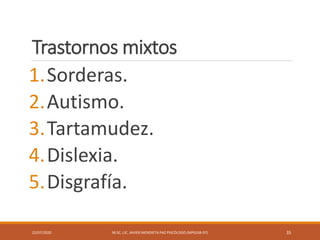 Trastornos mixtos
1.Sorderas.
2.Autismo.
3.Tartamudez.
4.Dislexia.
5.Disgrafía.
22/07/2020 M.SC. LIC. JAVIER MENDIETA PAZ PSICÓLOGO (MPGJ58-97) 35
 