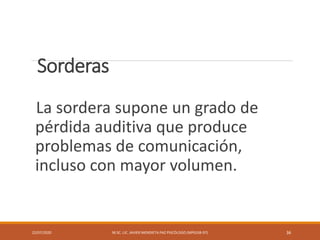 Sorderas
La sordera supone un grado de
pérdida auditiva que produce
problemas de comunicación,
incluso con mayor volumen.
22/07/2020 M.SC. LIC. JAVIER MENDIETA PAZ PSICÓLOGO (MPGJ58-97) 36
 