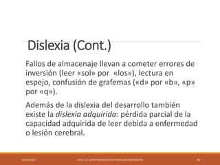 Dislexia (Cont.)
Fallos de almacenaje llevan a cometer errores de
inversión (leer «sol» por «los»), lectura en
espejo, confusión de grafemas («d» por «b», «p»
por «q»).
Además de la dislexia del desarrollo también
existe la dislexia adquirida: pérdida parcial de la
capacidad adquirida de leer debida a enfermedad
o lesión cerebral.
22/07/2020 M.SC. LIC. JAVIER MENDIETA PAZ PSICÓLOGO (MPGJ58-97) 44
 