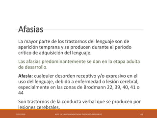 Afasias
La mayor parte de los trastornos del lenguaje son de
aparición temprana y se producen durante el período
crítico de adquisición del lenguaje.
Las afasias predominantemente se dan en la etapa adulta
de desarrollo.
Afasia: cualquier desorden receptivo y/o expresivo en el
uso del lenguaje, debido a enfermedad o lesión cerebral,
especialmente en las zonas de Brodmann 22, 39, 40, 41 o
44
Son trastornos de la conducta verbal que se producen por
lesiones cerebrales.
22/07/2020 M.SC. LIC. JAVIER MENDIETA PAZ PSICÓLOGO (MPGJ58-97) 49
 