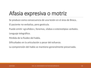 Afasia expresiva o motriz
Se produce como consecuencia de una lesión en el área de Broca..
El paciente no verbaliza, pero gesticula.
Puede emitir «gruñidos», fonemas, sílabas o estereotipias verbales.
Lenguaje telegráfico.
Pérdida de la fluidez del habla.
Dificultades en la articulación a pesar del esfuerzo.
La comprensión del habla se mantiene generalmente preservada.
22/07/2020 M.SC. LIC. JAVIER MENDIETA PAZ PSICÓLOGO (MPGJ58-97) 50
 