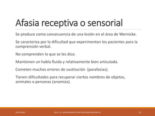 Afasia receptiva o sensorial
Se produce como consecuencia de una lesión en el área de Wernicke.
Se caracteriza por la dificultad que experimentan los pacientes para la
comprensión verbal.
No comprenden lo que se les dice.
Mantienen un habla fluida y relativamente bien articulada.
Cometen muchos errores de sustitución (parafasias).
Tienen dificultades para recuperar ciertos nombres de objetos,
animales o personas (anomias).
22/07/2020 M.SC. LIC. JAVIER MENDIETA PAZ PSICÓLOGO (MPGJ58-97) 51
 