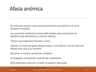 Afasia anómica
Se cree que ocurre como consecuencia de una lesión en la zona
temporo-occipital.
Los pacientes anómicos tienen dificultades para encontrar las
palabras que denominan a ciertos objetos.
Tienen una expresión fluente y vacía.
Utilizan un nivel de generalidad mayor, o se refieren a la función del
objeto más que a su nombre.
Recurren a muchas parafasias verbales.
Su lenguaje es bastante ausente de sustantivos.
Dificultad para nominar y hallar la palabra adecuada.
La comprensión está preservada.
22/07/2020 M.SC. LIC. JAVIER MENDIETA PAZ PSICÓLOGO (MPGJ58-97) 52
 