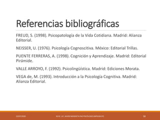 Referencias bibliográficas
FREUD, S. (1998). Psicopatología de la Vida Cotidiana. Madrid: Alianza
Editorial.
NEISSER, U. (1976). Psicología Cognoscitiva. México: Editorial Trillas.
PUENTE FERRERAS, A. (1998). Cognición y Aprendizaje. Madrid: Editorial
Pirámide.
VALLE ARROYO, F. (1992). Psicolingüística. Madrid: Ediciones Morata.
VEGA de, M. (1993). Introducción a la Psicología Cognitiva. Madrid:
Alianza Editorial.
22/07/2020 M.SC. LIC. JAVIER MENDIETA PAZ PSICÓLOGO (MPGJ58-97) 58
 