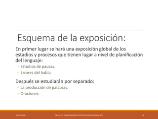 Esquema de la exposición:
En primer lugar se hará una exposición global de los
estadios y procesos que tienen lugar a nivel de planificación
del lenguaje:
◦ Estudios de pausas.
◦ Errores del habla.
Después se estudiarán por separado:
◦ La producción de palabras.
◦ Oraciones.
22/07/2020 M.SC. LIC. JAVIER MENDIETA PAZ PSICÓLOGO (MPGJ58-97) 8
 