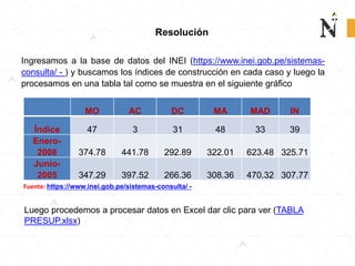 Resolución
Ingresamos a la base de datos del INEI (https://www.inei.gob.pe/sistemas-
consulta/ - ) y buscamos los índices de construcción en cada caso y luego la
procesamos en una tabla tal como se muestra en el siguiente gráfico
MO AC DC MA MAD IN
Índice 47 3 31 48 33 39
Enero-
2008 374.78 441.78 292.89 322.01 623.48 325.71
Junio-
2005 347.29 397.52 266.36 308.36 470.32 307.77
Fuente: https://www.inei.gob.pe/sistemas-consulta/ -
Luego procedemos a procesar datos en Excel dar clic para ver (TABLA
PRESUP.xlsx)
 