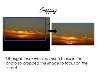 Cropping




I thought there was too much black in the
photo so cropped the image to focus on the
sunset
 