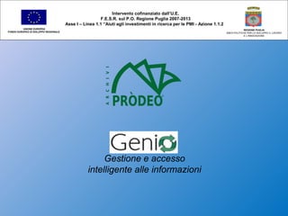 Gestione e accesso
intelligente alle informazioni
Intervento cofinanziato dall’U.E.
F.E.S.R. sul P.O. Regione Puglia 2007-2013
Asse I – Linea 1.1 “Aiuti agli investimenti in ricerca per le PMI - Azione 1.1.2
UNIONE EUROPEA
FONDO EUROPEO DI SVILUPPO REGIONALE
REGIONE PUGLIA
AREA POLITICHE PER LO SVILUPPO IL LAVORO
E L’INNOVAZIONE
 