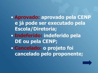 • Aprovado: aprovado pela CENP
  e já pode ser executado pela
  Escola/Diretoria;
• Indeferido: indeferido pela
  DE ou pela CENP;
• Cancelado: o projeto foi
  cancelado pelo proponente;
 