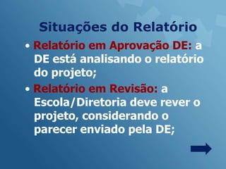 Situações do Relatório
• Relatório em Aprovação DE: a
  DE está analisando o relatório
  do projeto;
• Relatório em Revisão: a
  Escola/Diretoria deve rever o
  projeto, considerando o
  parecer enviado pela DE;
 