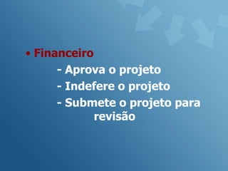• Financeiro
      - Aprova o projeto
      - Indefere o projeto
      - Submete o projeto para
             revisão
 