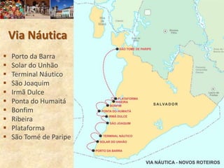 Via Náutica
   Porto da Barra
   Solar do Unhão
   Terminal Náutico
   São Joaquim
   Irmã Dulce
   Ponta do Humaitá
   Bonfim
   Ribeira
   Plataforma
   São Tomé de Paripe
 