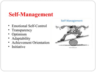 Self-Management
• Emotional Self-Control
• Transparency
• Optimism
• Adaptability
• Achievement Orientation
• Initiative
 