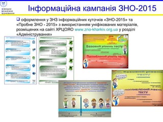 ЗОВНІШНЄ 
НЕЗАЛЕЖНЕ 
ОЦІНЮВАННЯ Інформаційна кампанія ЗНО-2015 
 оформлення у ЗНЗ інформаційних куточків «ЗНО-2015» та 
«Пробне ЗНО - 2015» з використанням уніфікованих матеріалів, 
розміщених на сайті ХРЦОЯО www.zno-kharkiv.org.ua у розділі 
«Адміністрування» 
 