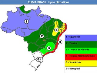 CLIMA BRASIL: tipos climáticos
1 – Equatorial
2 – Tropical
3 – Tropical de Altitude
4 – Tropical Atlântico/Úmido
5 – Semi-Árido
6- Subtropical
 