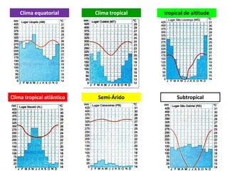 Clima tropical atlântico
Clima equatorial Clima tropical tropical de altitude
Semi-Árido Subtropical
 