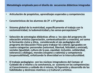 Metodología empleada para el diseño de  secuencias didácticas integradas Articulación de propósitos, aprendizajes esperados y competencias Características de los alumnos de 2º  o 5º grados  Sistema global de la motricidad, específicamente el trabajo con la sociomotricidad, la ludomotricidad y las senso-percepciones** Selección de estrategias didácticas afines a  los ejes del programa de educación artística (apreciación, contextualización y creación), así como la formación cívica y ética,  considerando el eje pedagógico del programa de Educación Física para trabajar los valores agrupados en cuatro categorías: personales (voluntad, libertad, felicidad y amistad), sociales (igualdad, cultura de la paz, equidad, inclusión, solidaridad, tolerancia y diálogo), morales (respeto y valentía) y competencia (responsabilidad), enfatizando la diversidad en la interculturalidad.  El trabajo pedagógico  con los núcleos integradores del Campo: el Cuidado de sí mismo y la convivencia, se  sustenta en las competencias: a) Conocimiento y cuidado de sí mismo, b) Expresión y desarrollo de las habilidades y destrezas motrices y c) Cultural y artística . 
