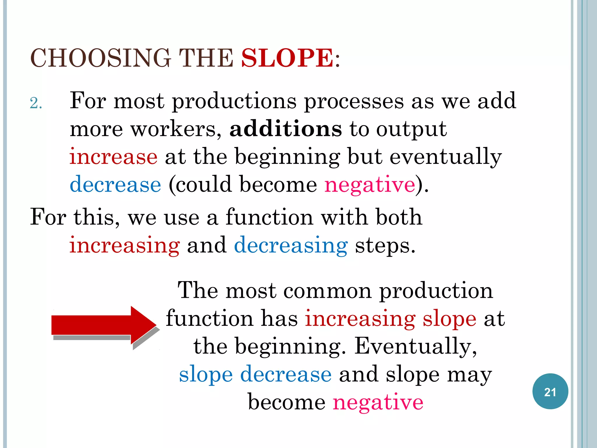 CHOOSING THE SLOPE:
For most productions processes as we add
more workers, additions to output
increase at the beginning but eventually
decrease (could become negative).
For this, we use a function with both
increasing and decreasing steps.
2.

The most common production
function has increasing slope at
the beginning. Eventually,
slope decrease and slope may
become negative

21

 